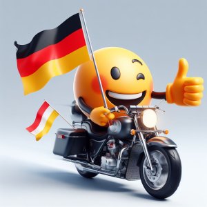 a thumbs up emoji that drives a motorcycle, waving a german and an austrian flag