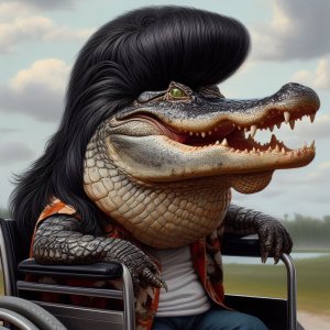 an angry alligator with a black mullet in a wheelchair