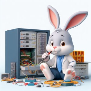 a professor rabbit messing with a computer server